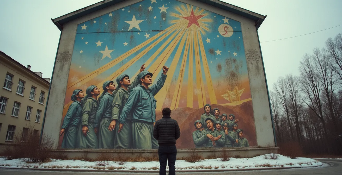 Wide view of weathered monumental mosaic on apartment building facade