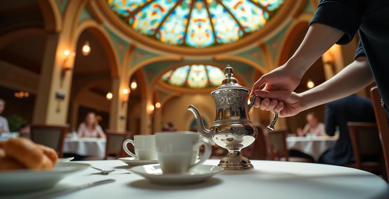 Elegant tea service beneath ornate Art Nouveau stained glass ceiling
