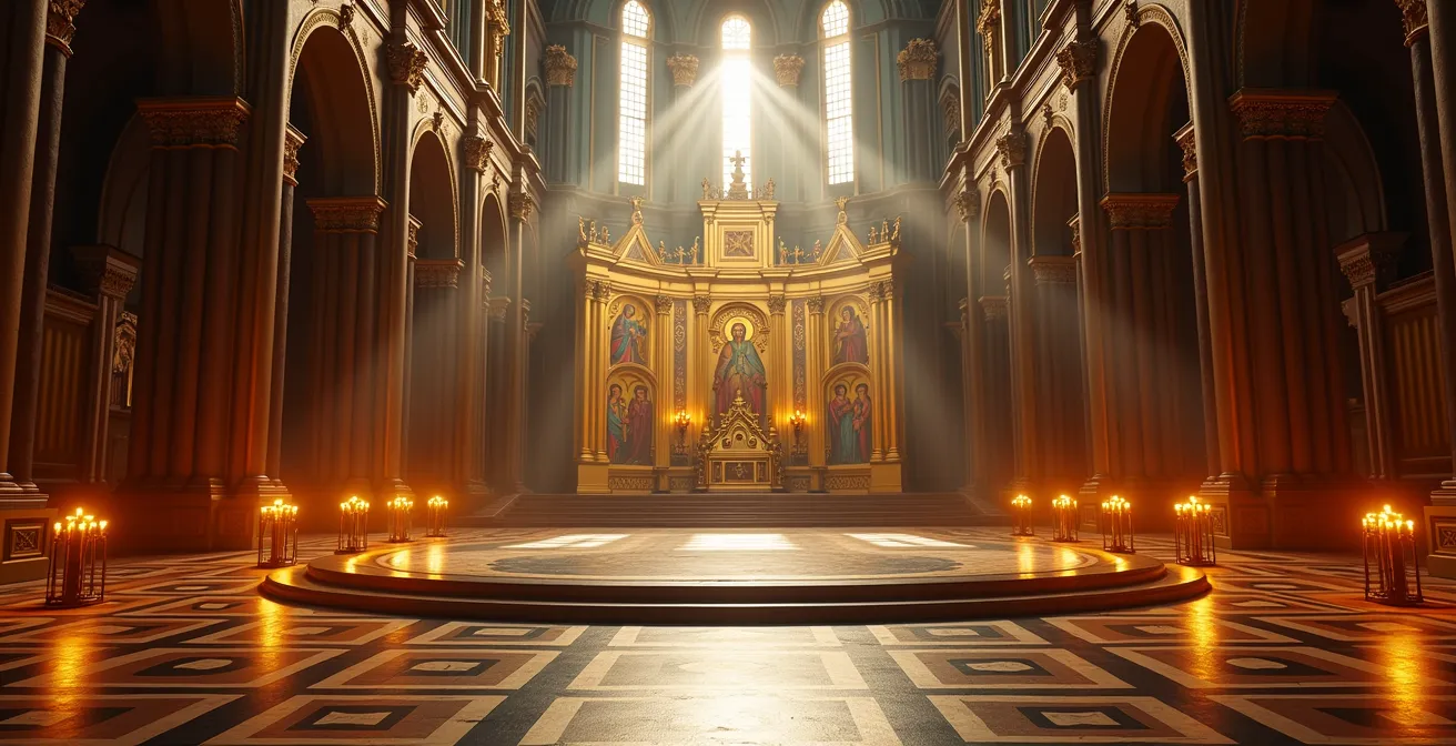 Orthodox cathedral interior with golden iconostasis and coronation platform