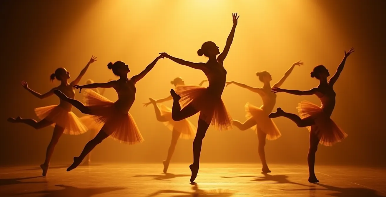 Ballet dancers in mid-leap performing on the Bolshoi stage with dramatic lighting
