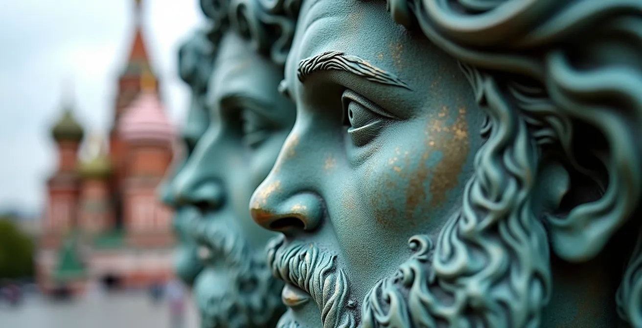 Close-up architectural detail of the restored Apollo quadriga sculpture atop the Bolshoi Theatre portico