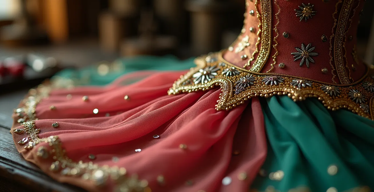Ornate ballet costumes in theatrical workshop with rich fabrics and embellishments