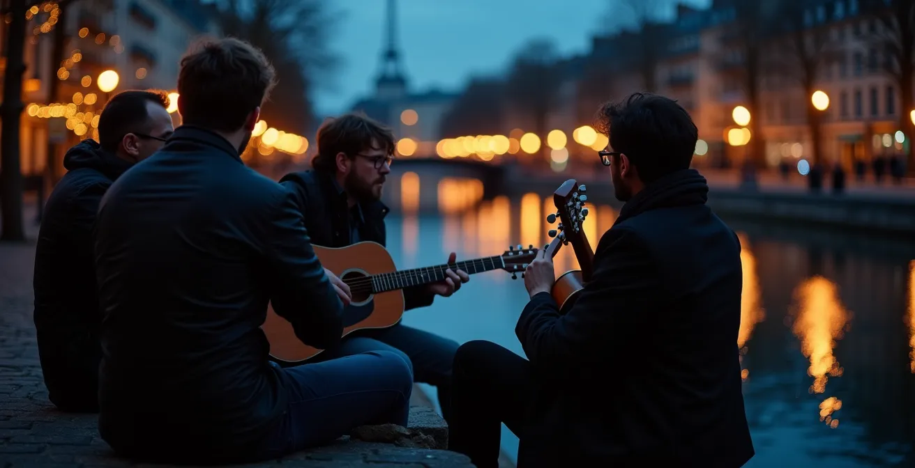 Group of musicians playing acoustic guitars by Canal Saint-Martin at dusk