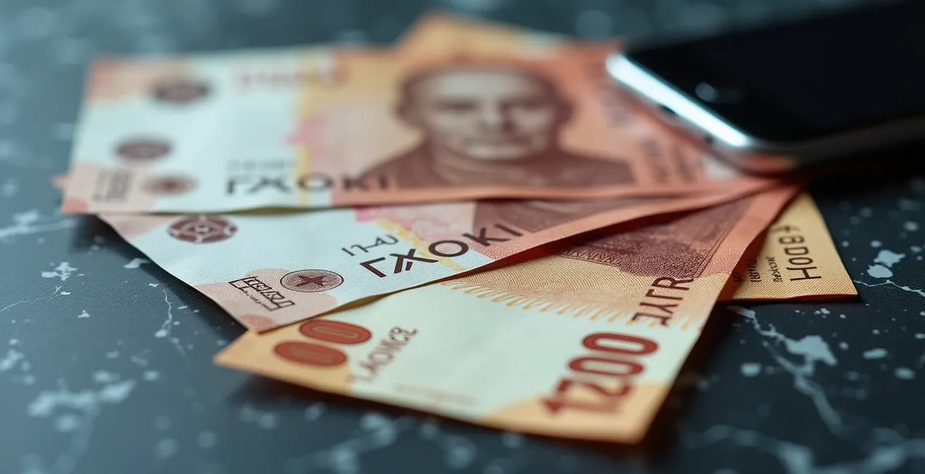 Russian ruble bills arranged for taxi payment with a blurred phone in the background, signifying the cash payment reality.