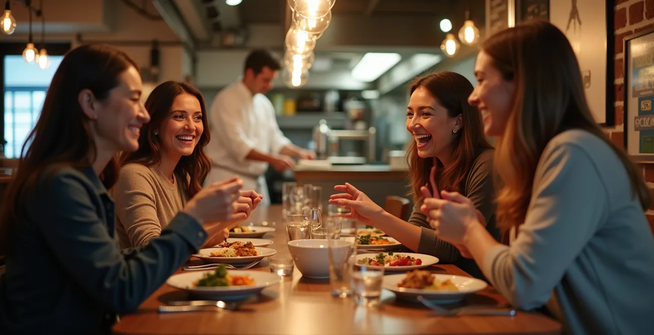 Modern bistro interior with relaxed diners and open kitchen concept