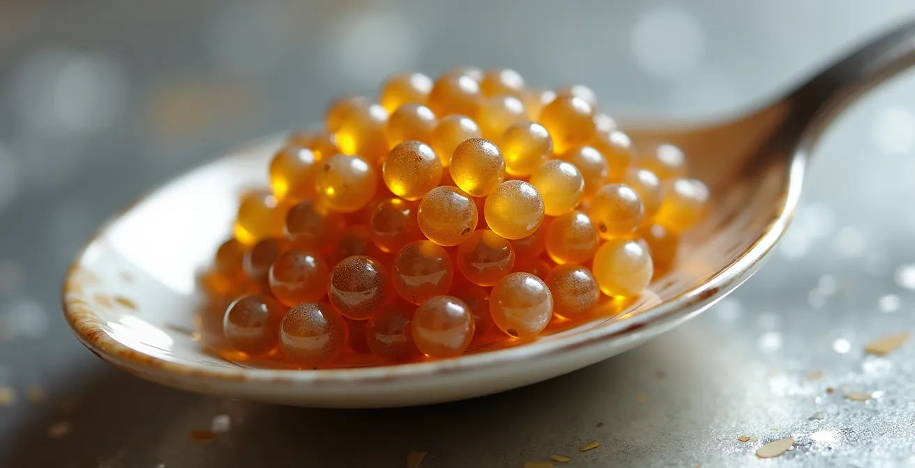 Extreme close-up of glossy black caviar pearls with mother-of-pearl sheen