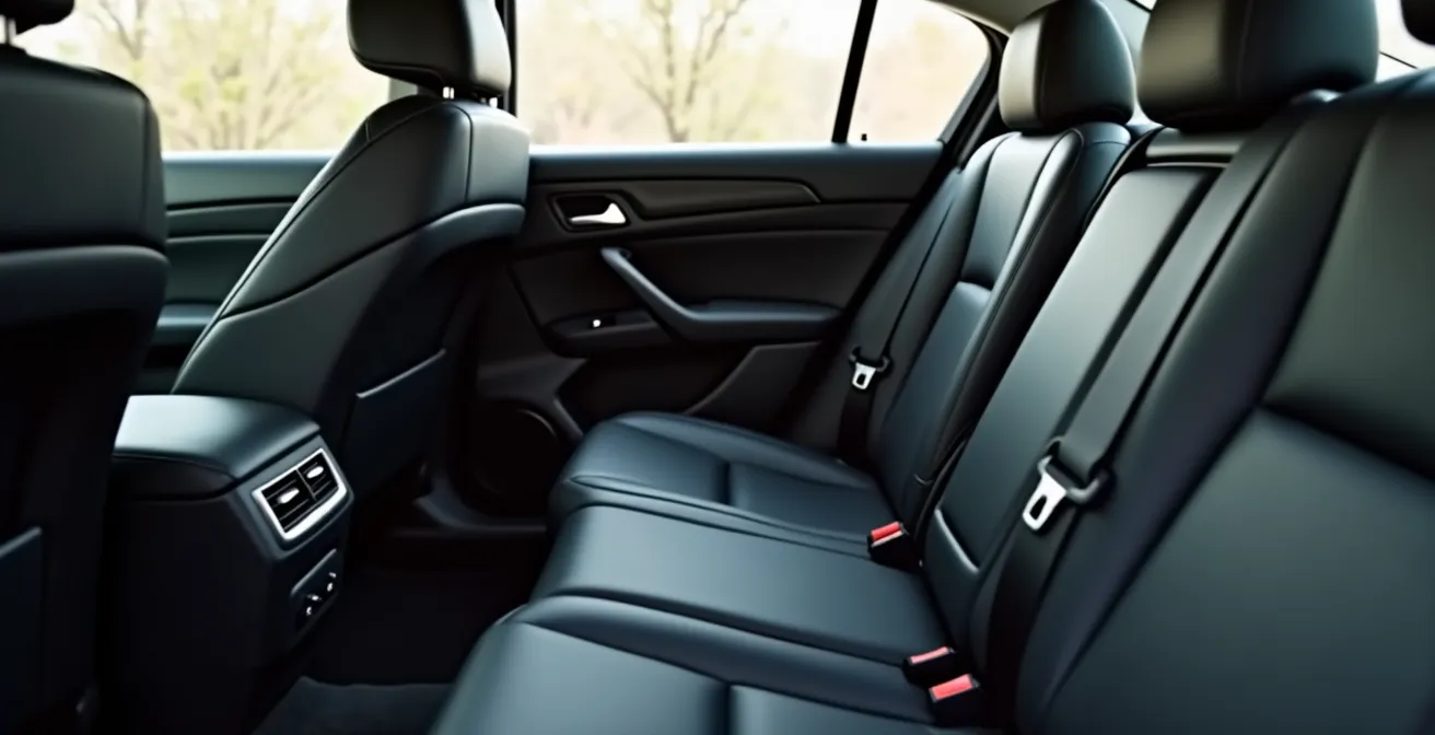 A modern child car seat properly installed in the clean interior of a vehicle, emphasizing the legal requirement in Moscow.