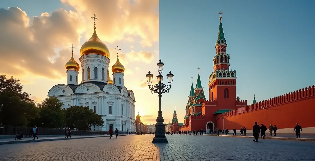 Split composition showing the grand white Christ the Savior Cathedral and the red-brick Kazan Cathedral in Moscow