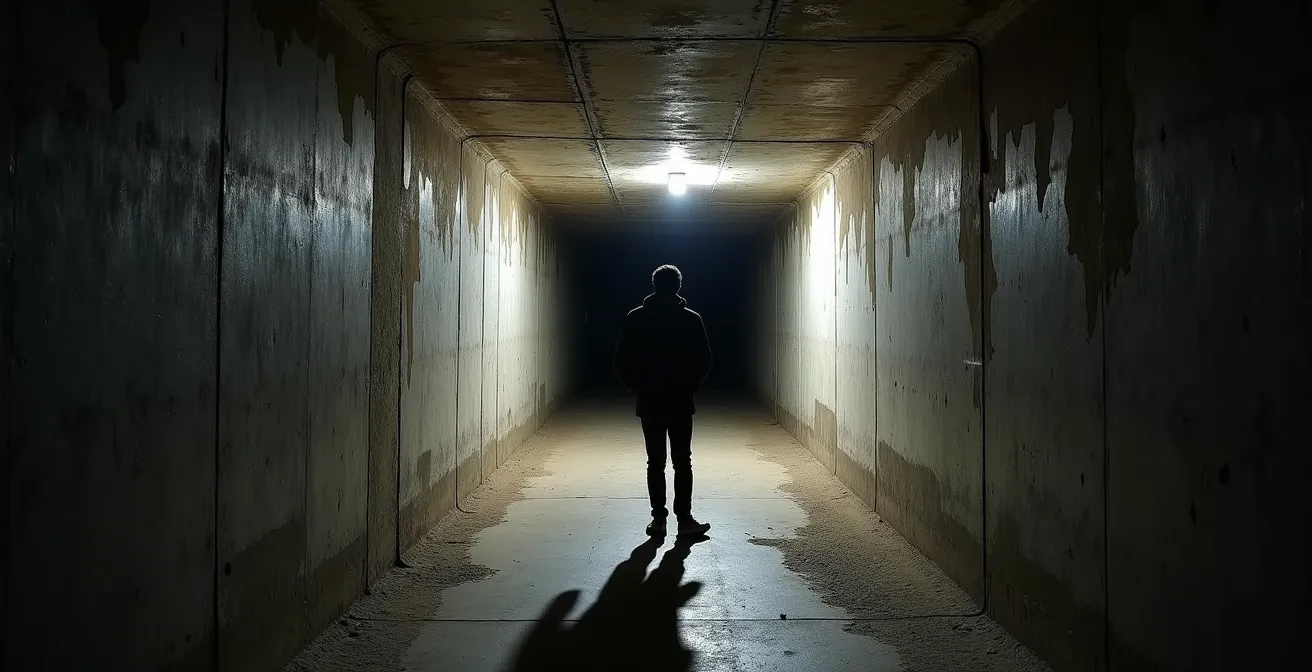 Deep underground Soviet bunker tunnel with dramatic lighting