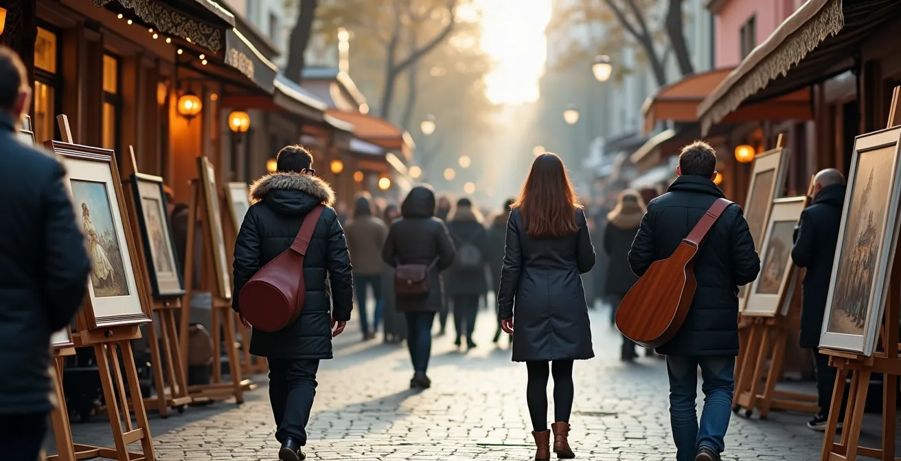 Split view showing pedestrian Old Arbat street versus wide New Arbat avenue