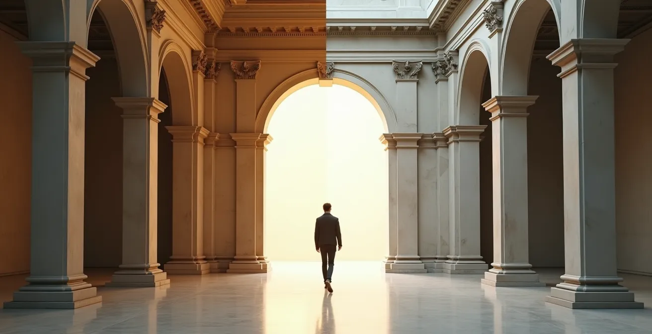 Split perspective showing classical ornate architecture transitioning to modernist concrete design
