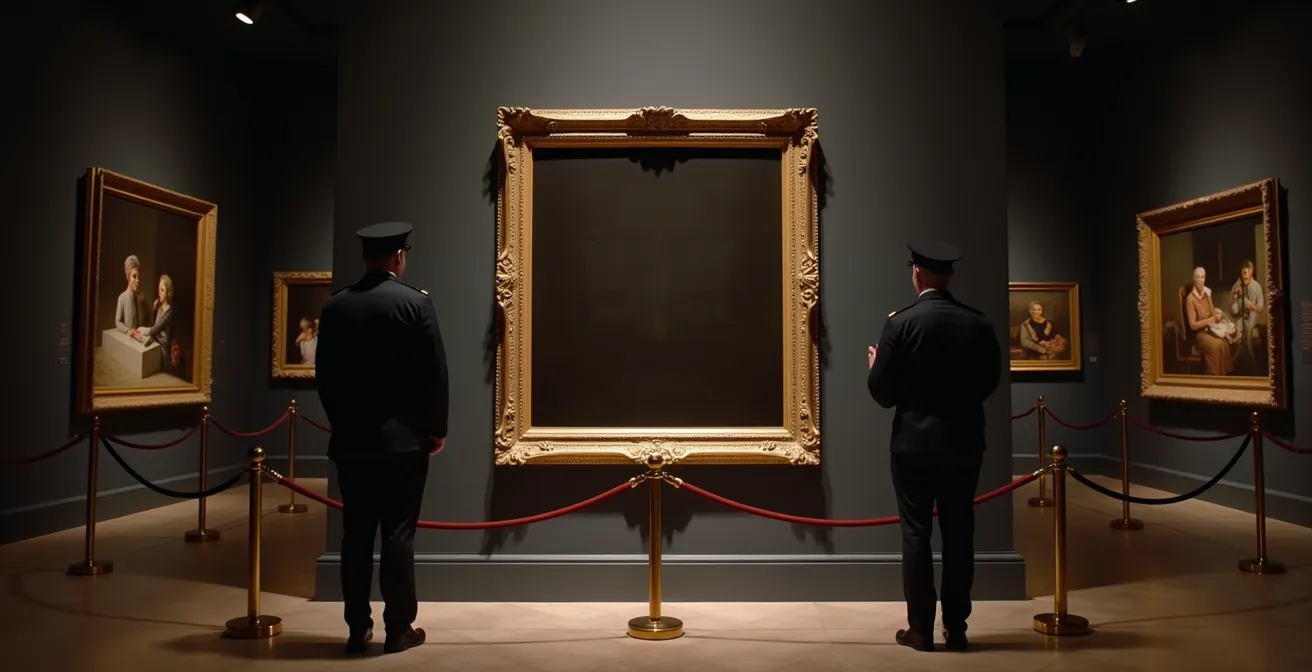 Museum security measures protecting a controversial Russian painting with guards and protective barriers.
