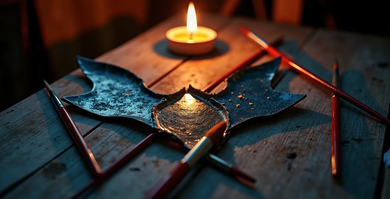 Symbolic representation of artistic obsession through dramatic lighting and tortured creative process.