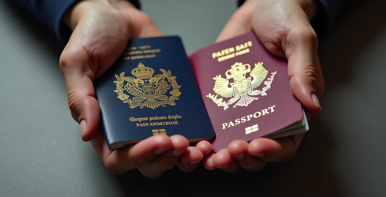 Hands holding two different passports showing the complexity of dual nationality travel