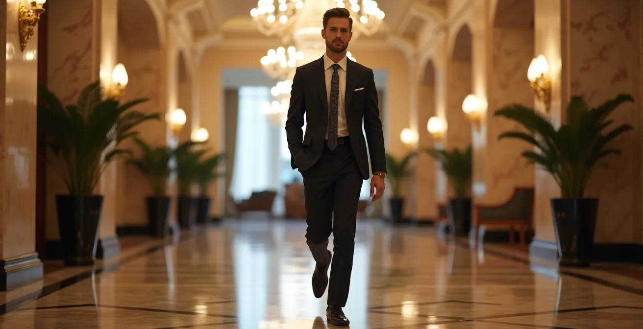 Confident traveler entering luxury hotel lobby with elegant interior