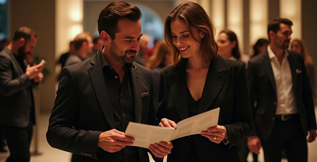 Well-dressed theatre attendees in smart casual attire at modern theatre lobby