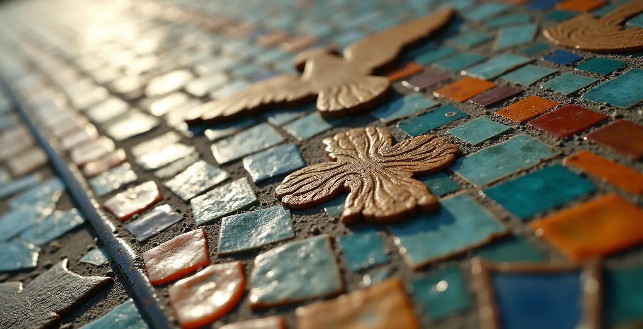 Close-up of restored mosaic showing peace doves where Stalin portrait once was