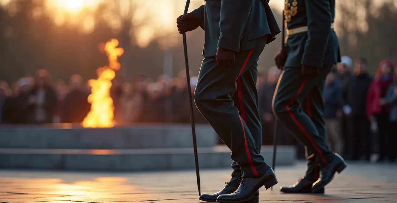 Honor guards performing ceremonial march at Tomb of Unknown Soldier