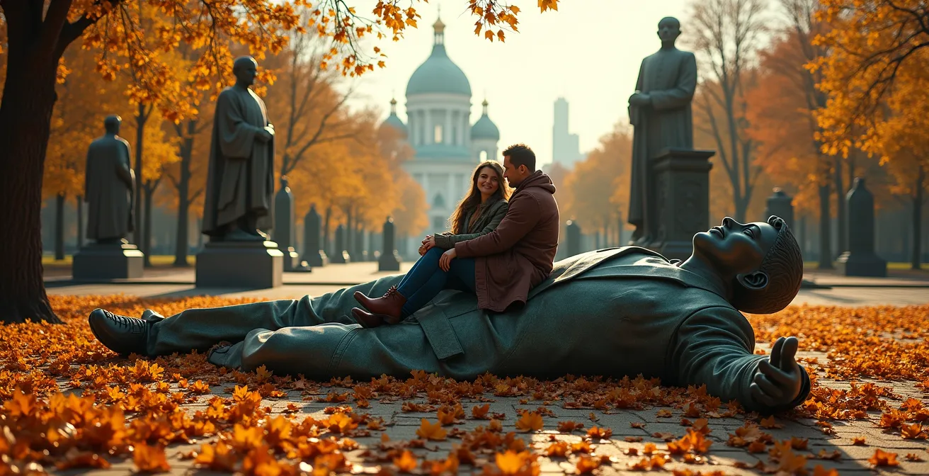Weathered bronze statues lying among autumn leaves in an urban park setting