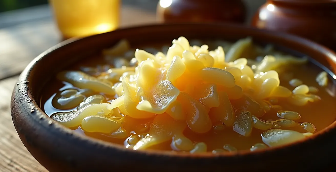 Close-up of fermented vegetables in traditional ceramic vessels with natural lighting