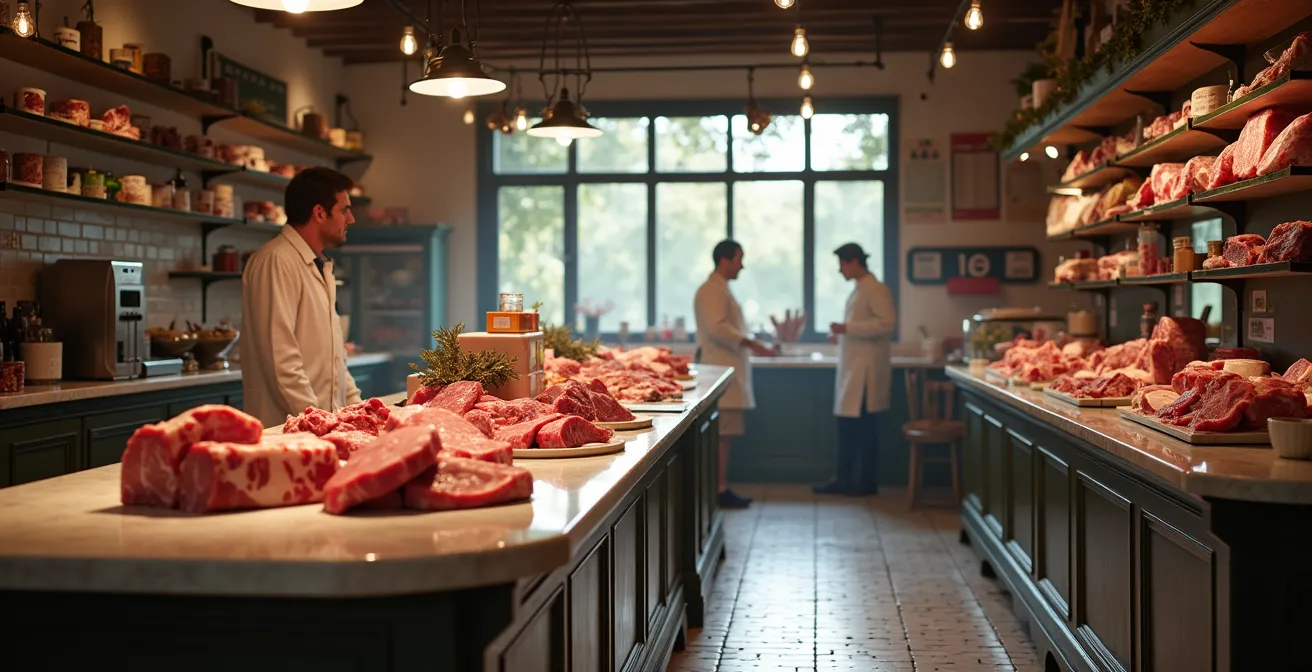 Wide shot of a traditional French butcher shop with various meat cuts displayed