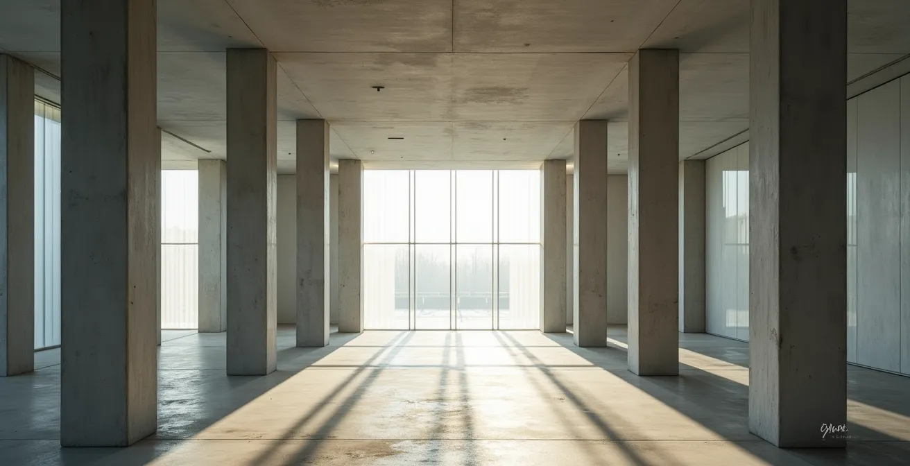 Minimalist interior of Garage Museum showing modernist Soviet structure with contemporary architectural intervention