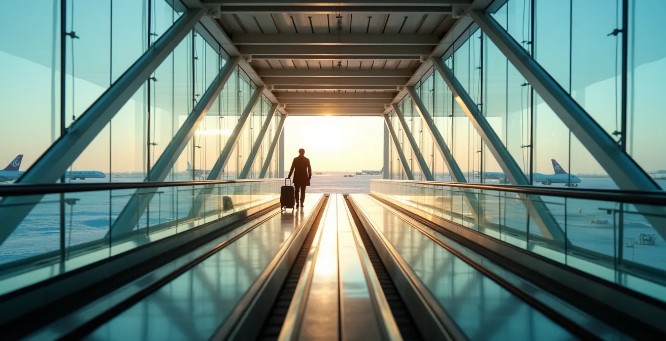 Modern glass-enclosed walkway with travelators at Sheremetyevo Airport