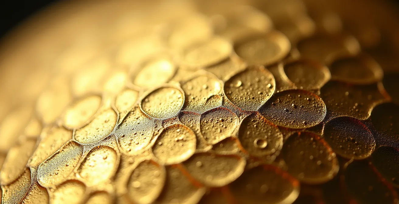 Extreme close-up of gold leaf application on cathedral dome surface