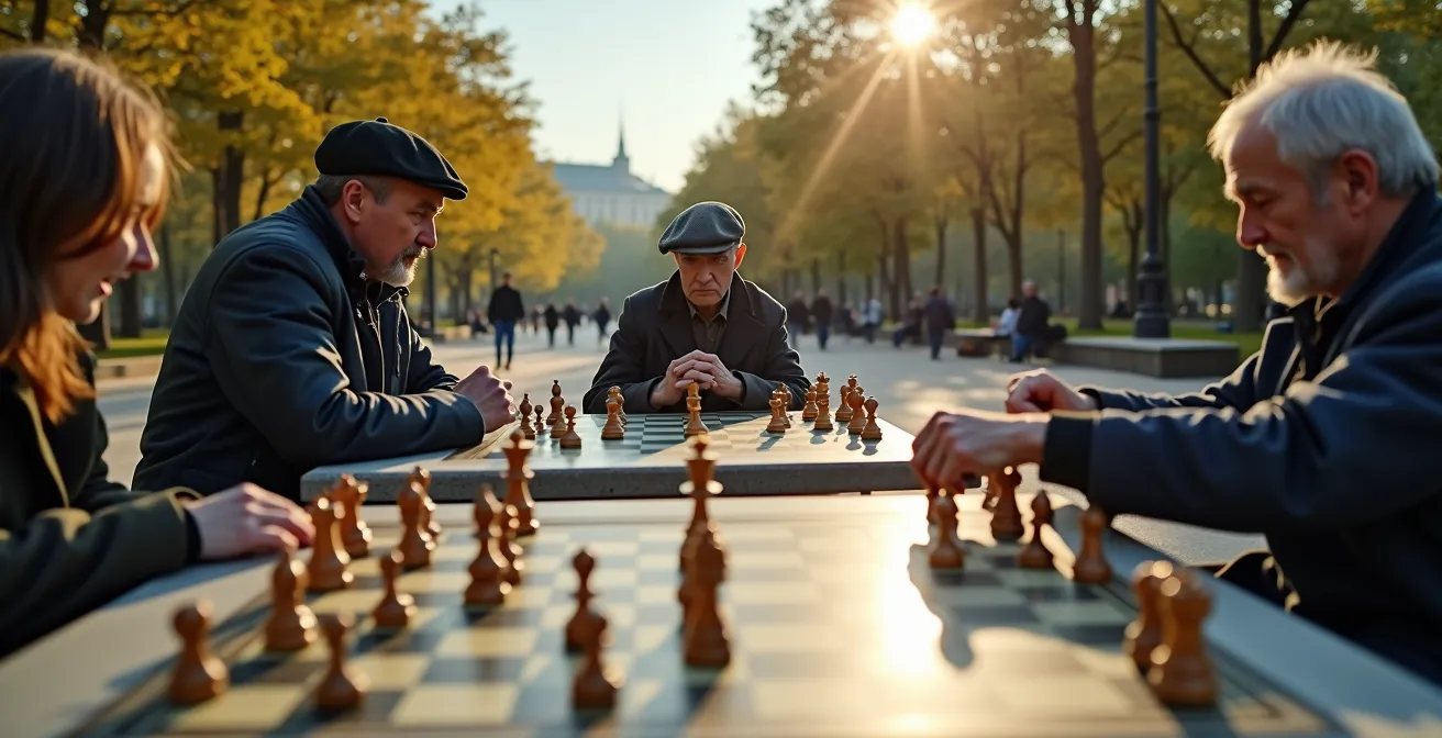 Outdoor chess game at Gorky Park with diverse players in natural setting