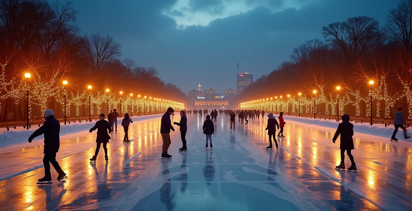 Illuminated ice skating rink with crowds enjoying winter evening