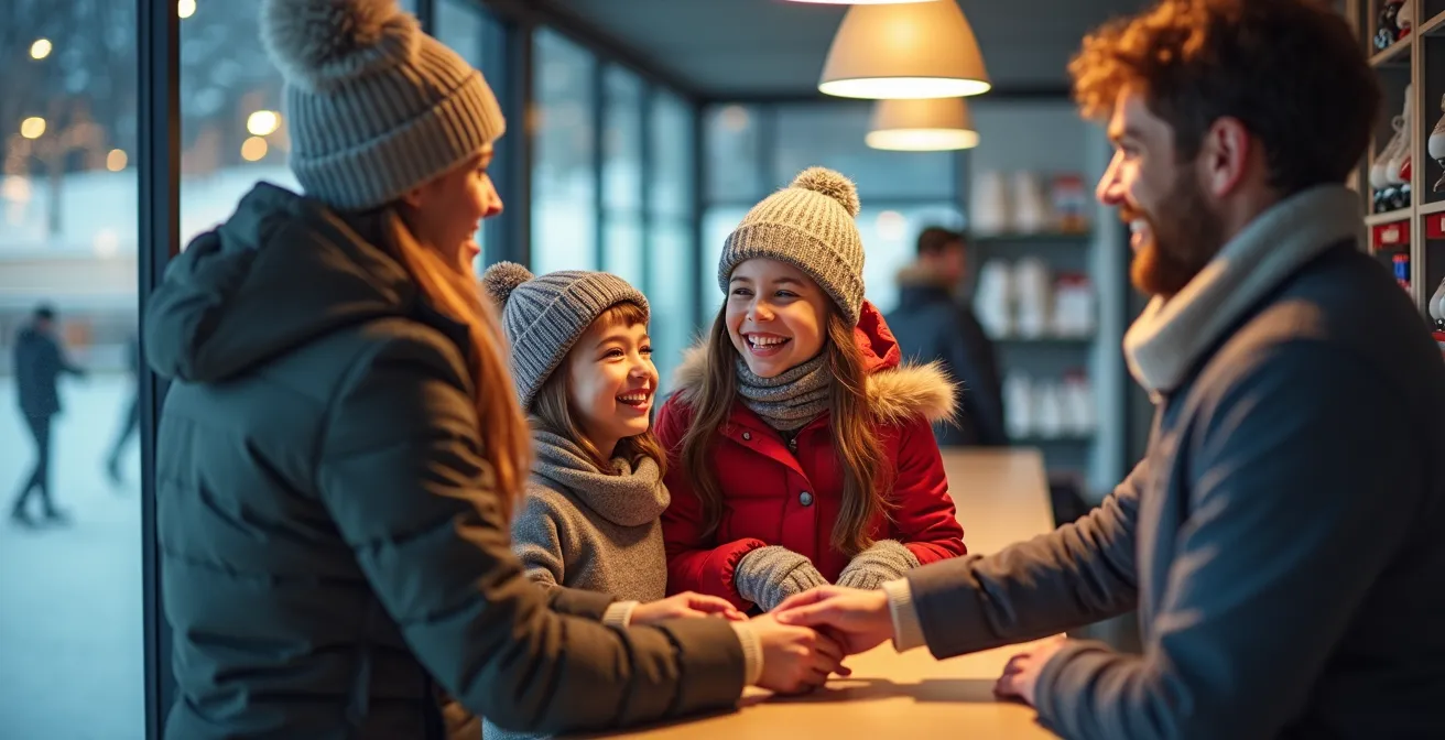 Busy skate rental counter at Gorky Park with rows of ice skates on shelves behind glass