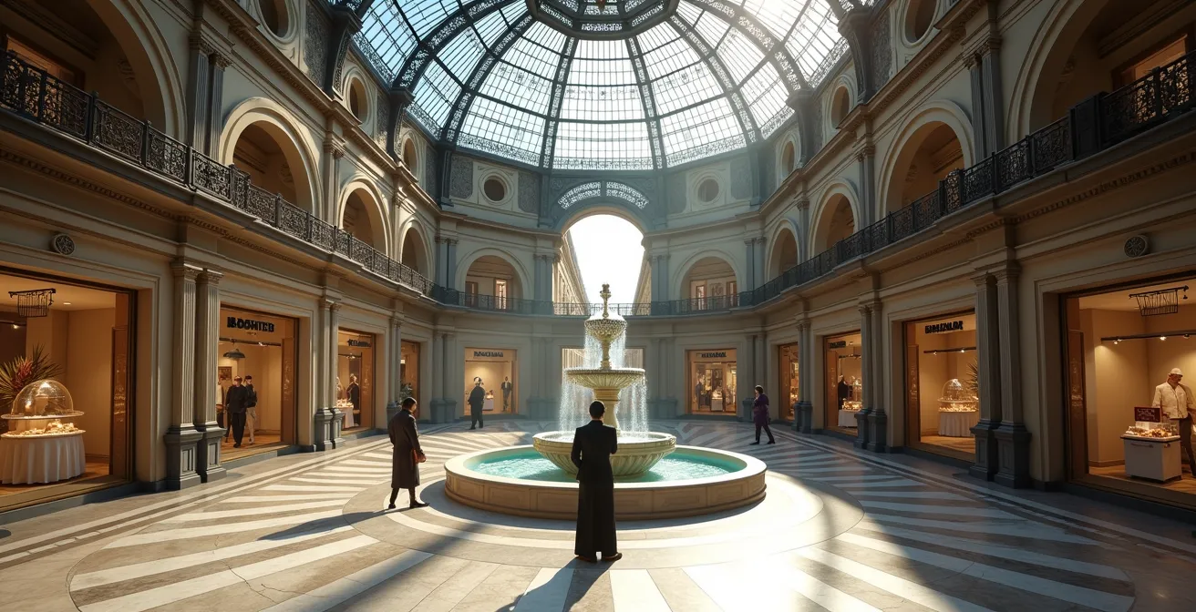 Historic GUM interior gallery with ornate glass ceiling and Soviet-era ice cream vendor