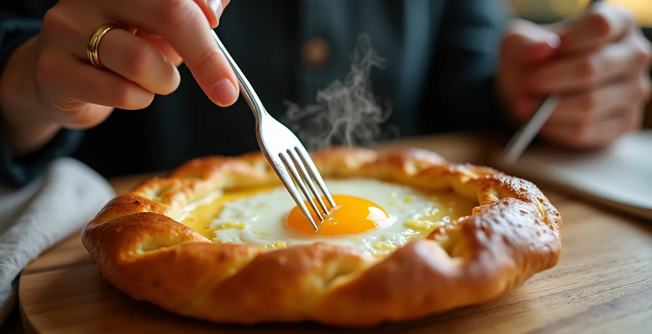 Close-up of hands mixing egg into hot cheese center of khachapuri with traditional technique