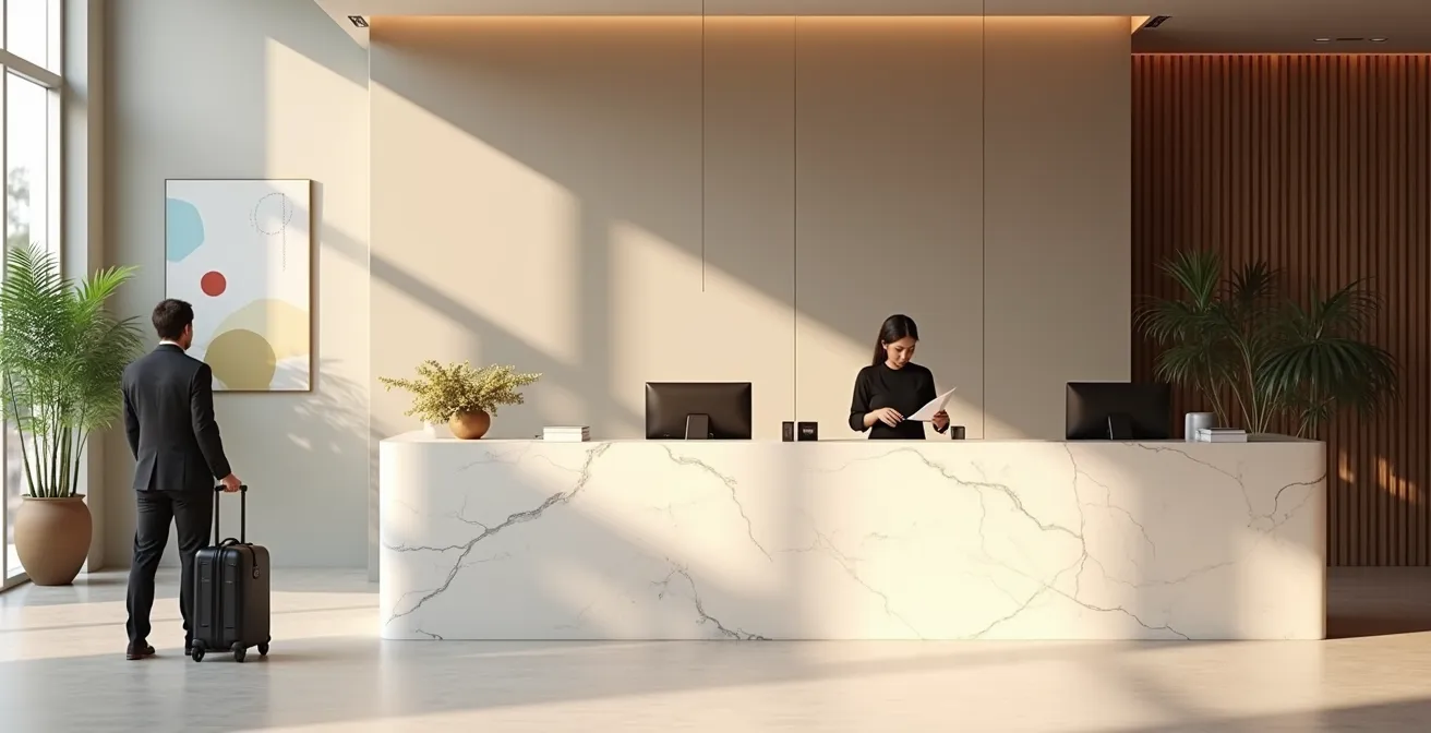 Hotel receptionist examining documents at check-in desk with guest waiting