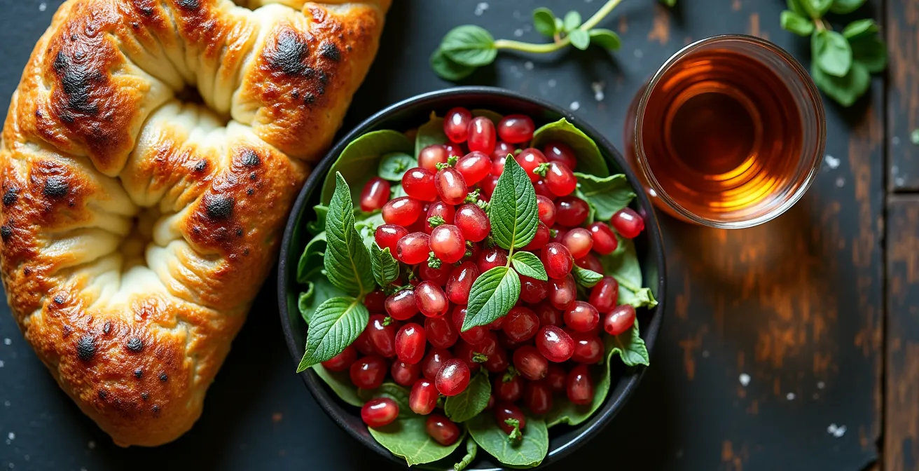 Aerial view of a balanced Georgian meal spread with khachapuri as centerpiece alongside fresh vegetables