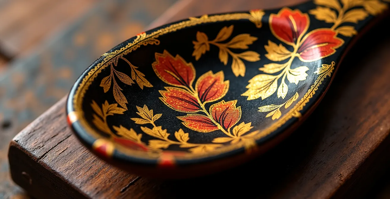 Extreme close-up of authentic Khokhloma painting showing intricate golden berry patterns on black lacquer