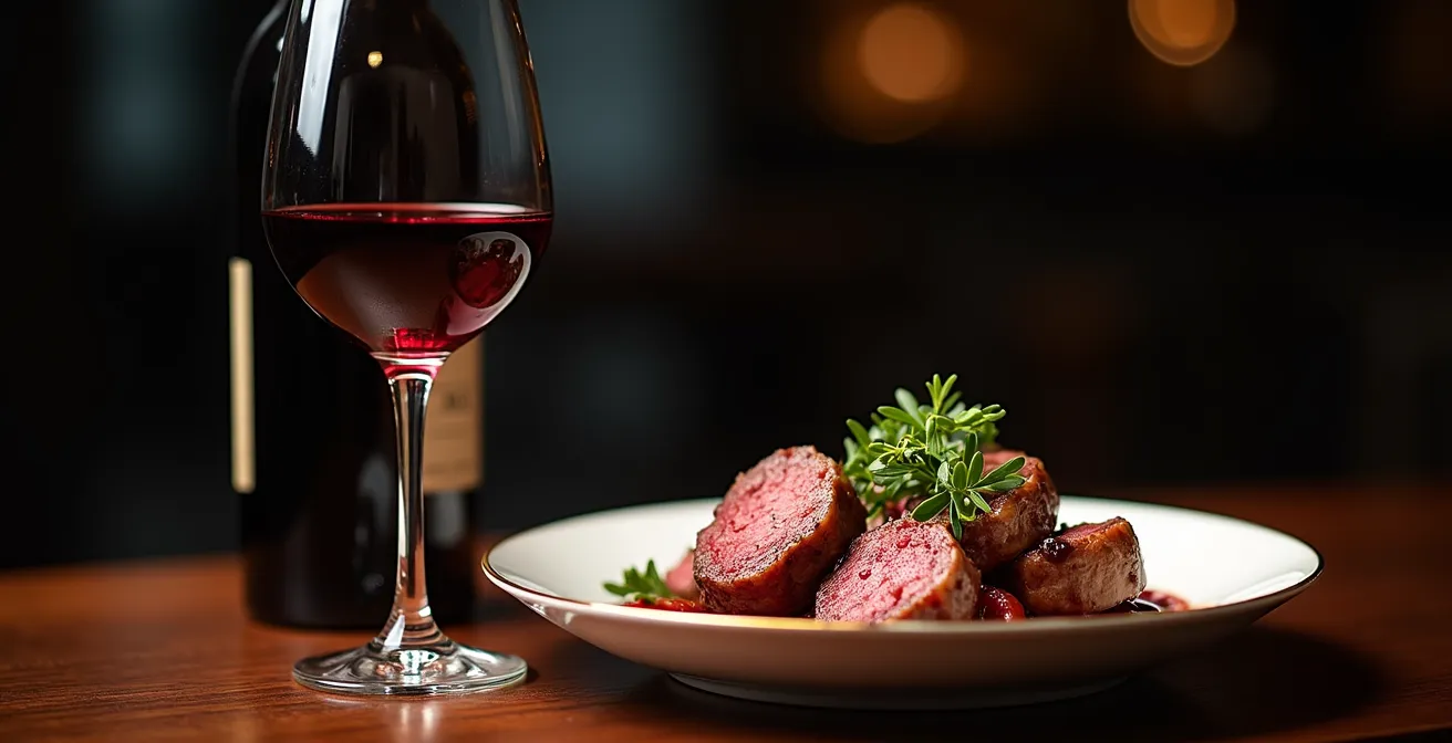 Russian red wine paired with venison dish on an elegant table