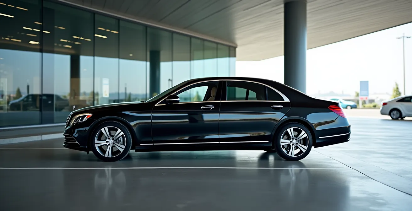 Executive black sedan parked at modern airport terminal pickup zone