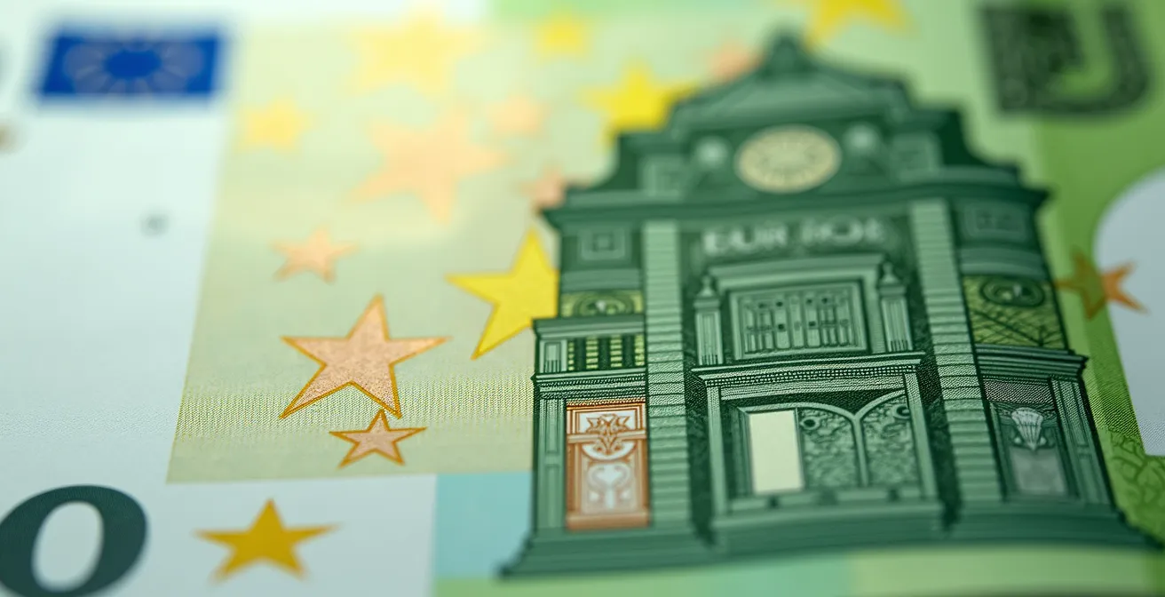 Extreme close-up of Euro banknote paper texture showing pristine condition