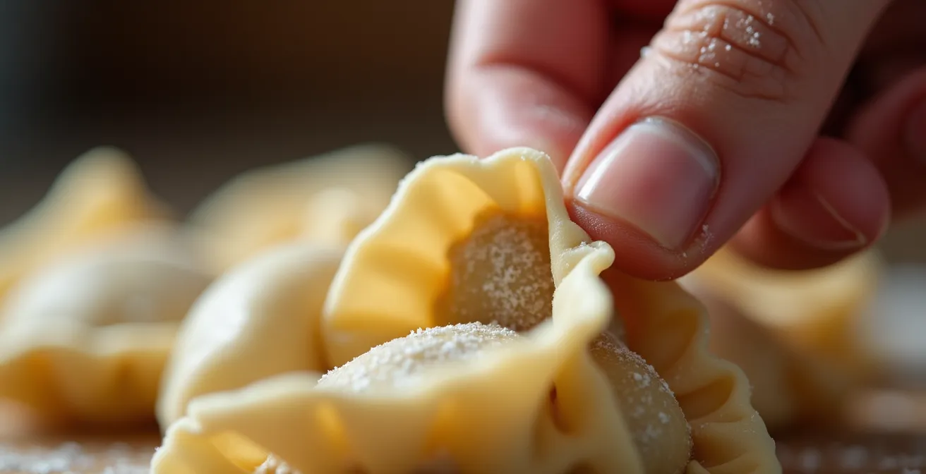 Extreme close-up of hands demonstrating the traditional pelmeni folding technique