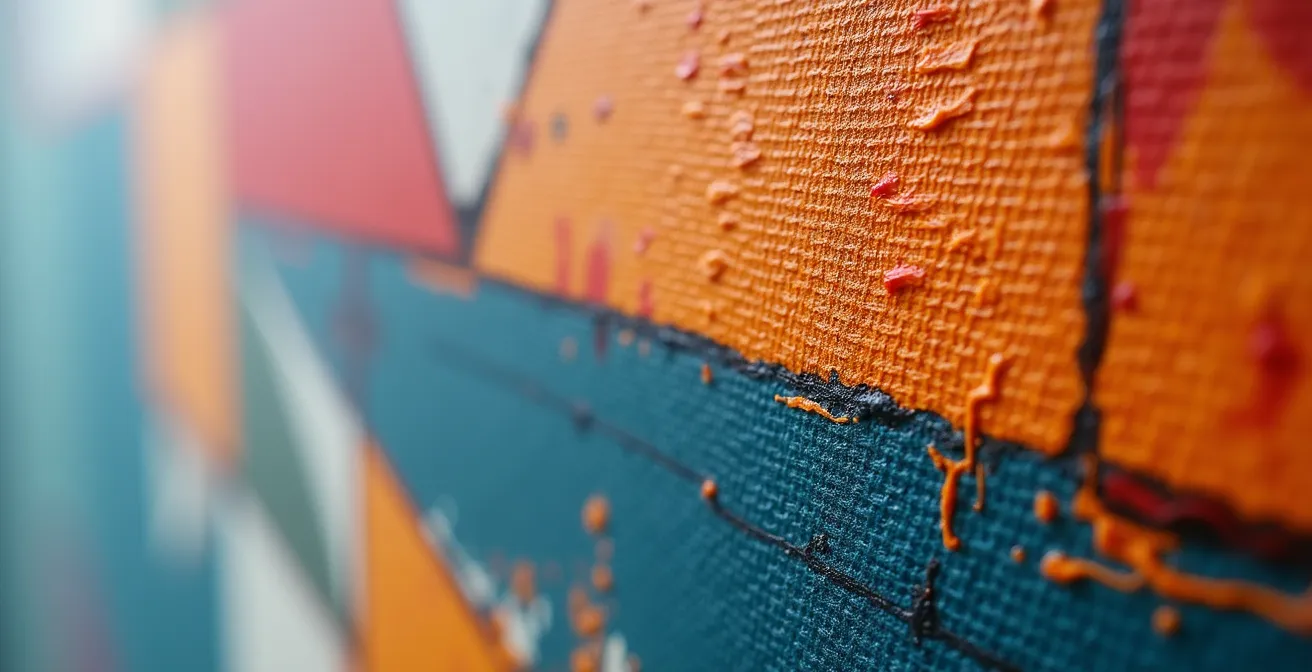 Close-up texture detail of avant-garde artwork in museum setting