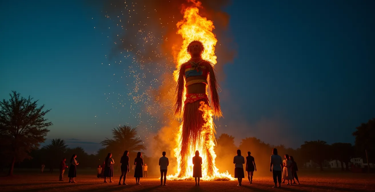 Dramatic burning of Maslenitsa effigy against twilight sky with crowd silhouettes