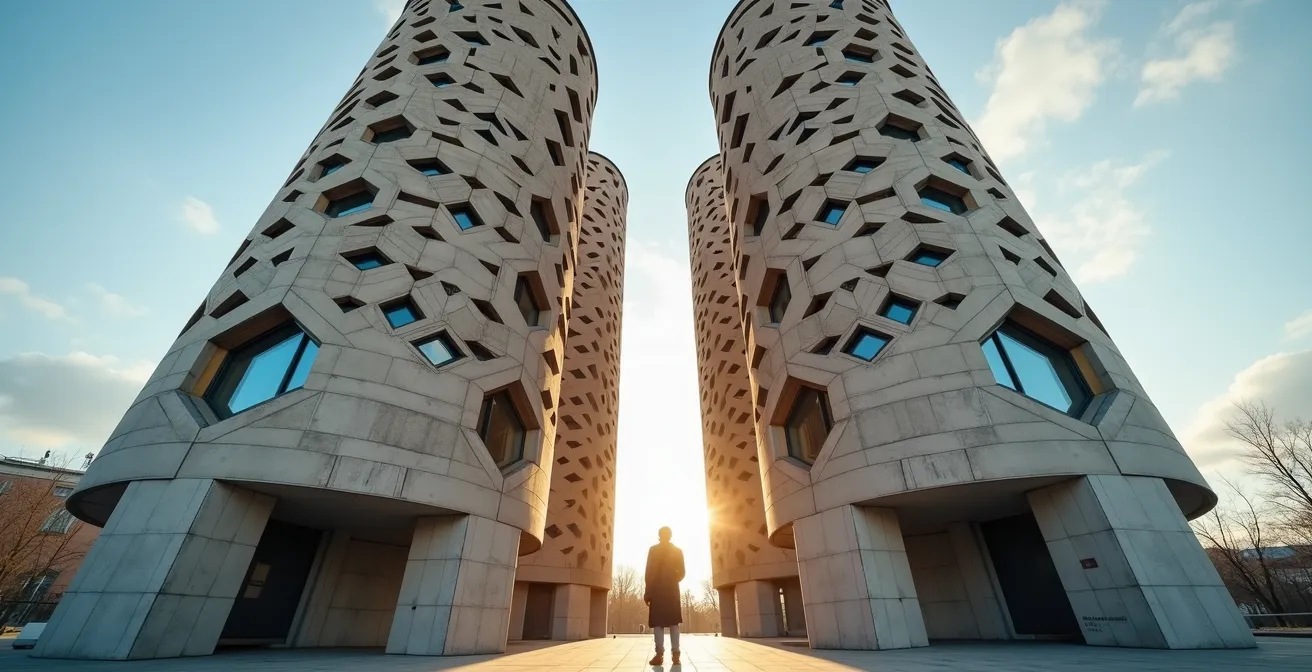 Unique cylindrical avant-garde building with hexagonal windows in Moscow