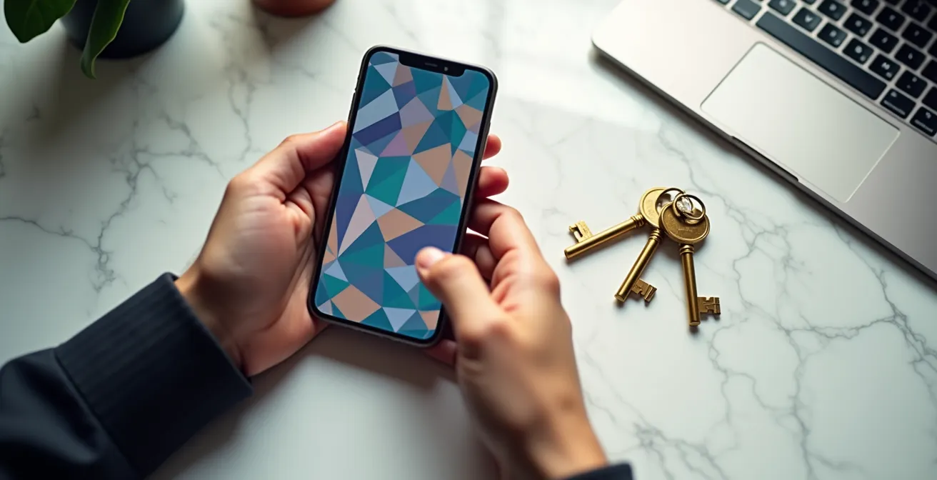Minimalist workspace with smartphone showing abstract interface patterns