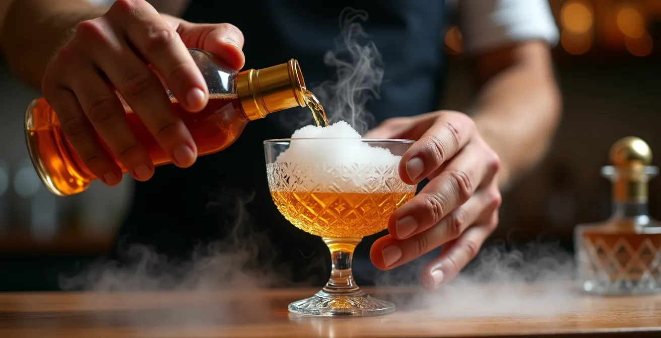 Extreme close-up of bartender's hands crafting molecular cocktail with dry ice