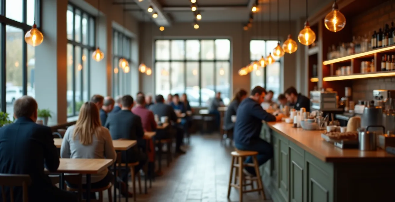 Busy Moscow cafe interior with people at tables in soft focus
