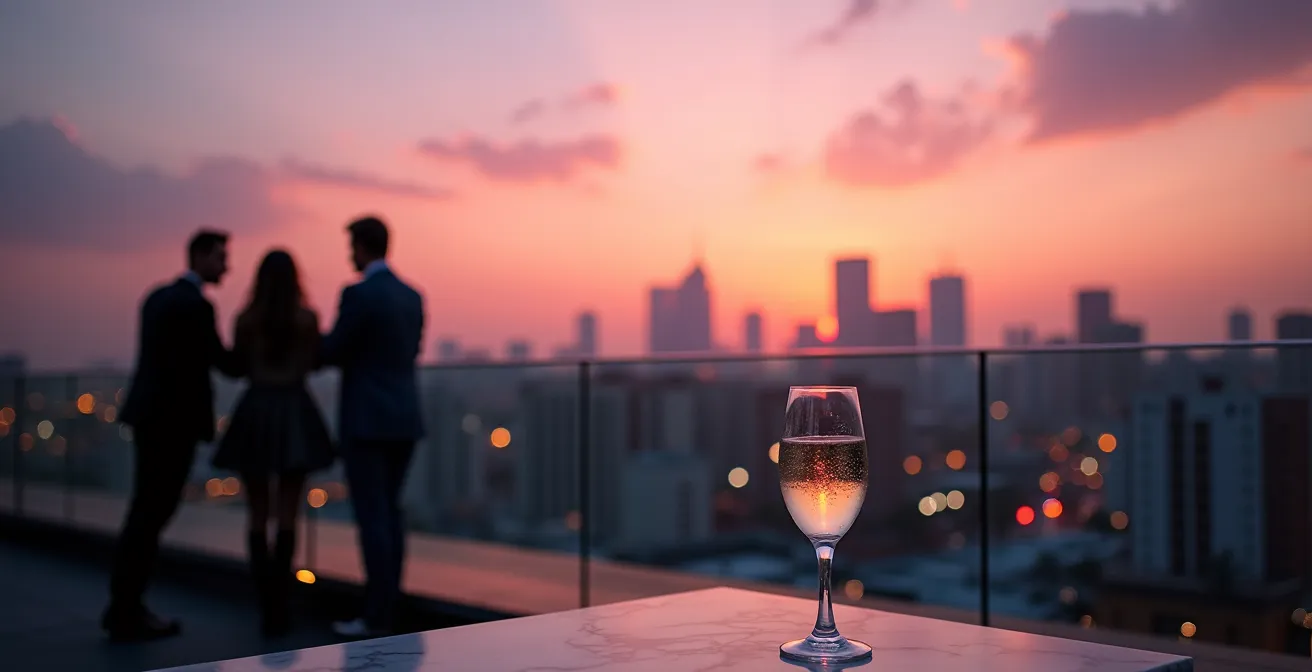 Moscow dawn skyline with silhouetted party-goers on rooftop terrace