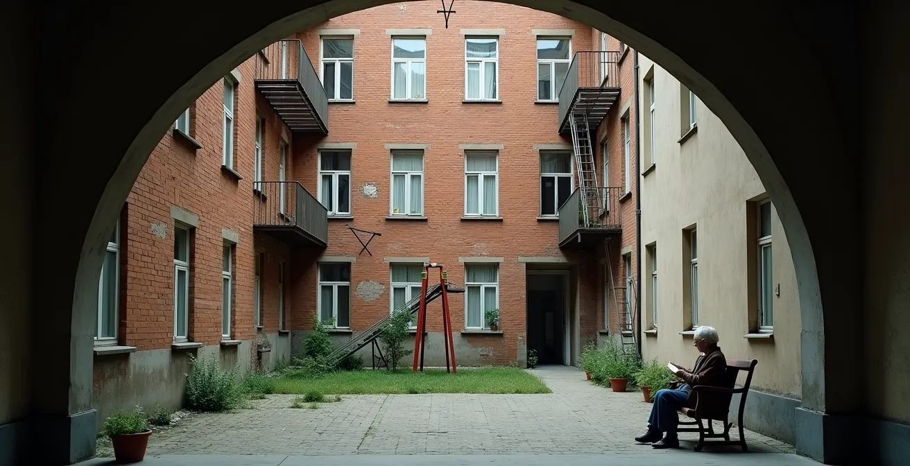 Hidden courtyard in Moscow with layers of architectural history visible