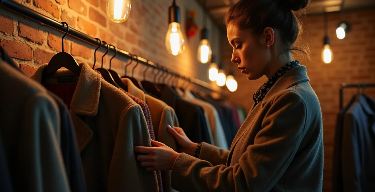 Intimate basement vintage boutique with exposed brick walls and curated Soviet-era clothing