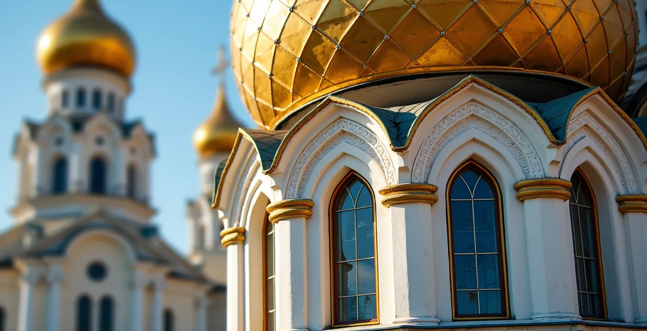 Architectural details of Moscow Kremlin's Cathedral Square showing golden domes and frescoes